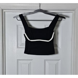 Monday Body Zion Tank Top Petite Black Ivory Piping Yoga Workout Sporty NWOT